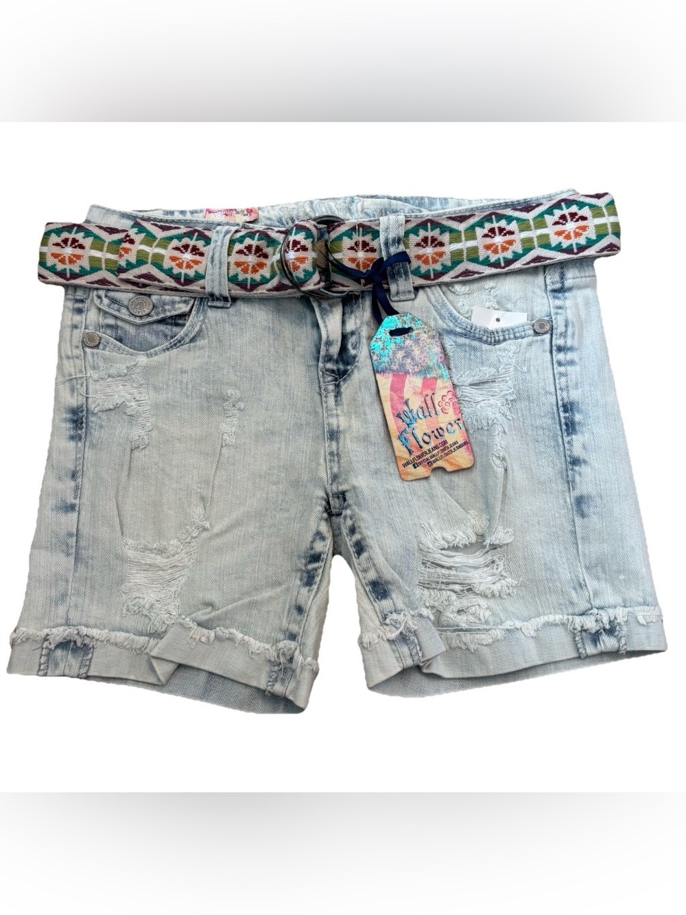 Wallflower Light Blue Distressed Denim Shorts with Woven Belt - Size 5